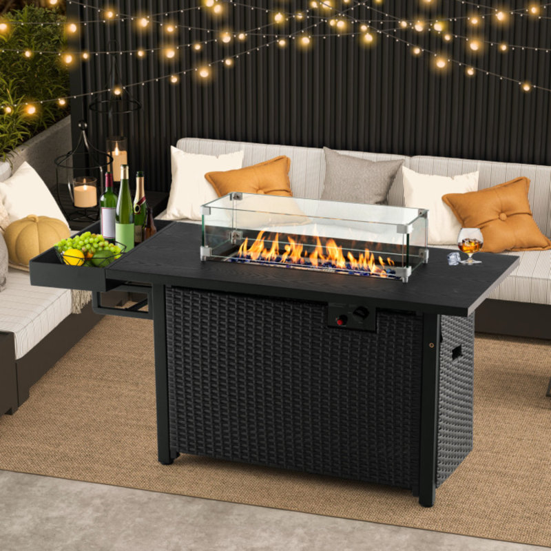 50000 Btu 42 In. Outdoor Propane Gas Fire Pit Table With Wind Guard And Glass Rocks, Black, Black