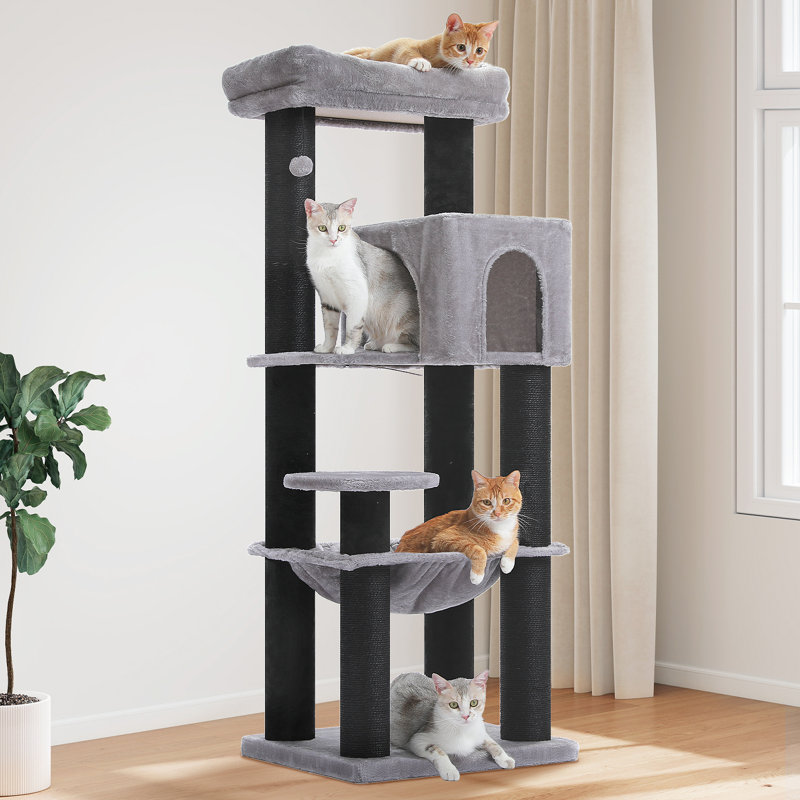 Plush 57.8-Inch Cat Tower Black, Black