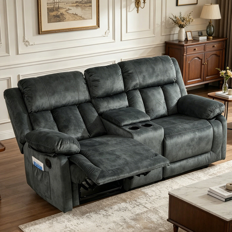 Grand canapé-lit inclinable manuel de 74,8 po avec console centrale, porte-gobelets et pochette de rangement (ensemble de 2)