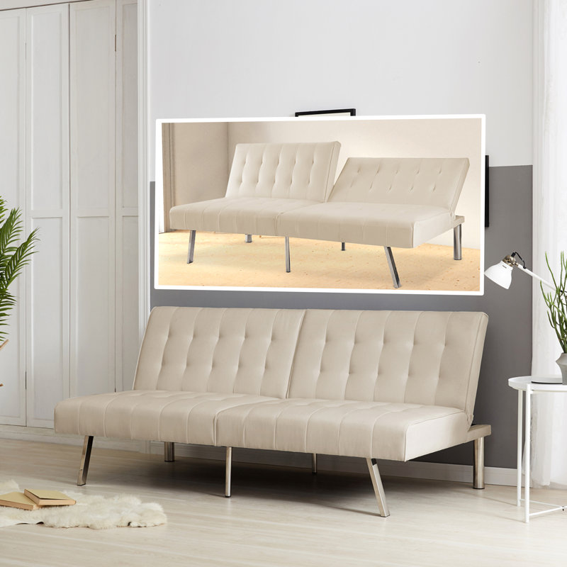 Canapé-lit futon de 68 po avec pieds en métal Blathnat, 100 % lin crème