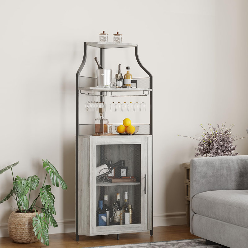 Armoire à vin d'angle à 5 niveaux avec lumières DEL, portes en filet et en verre, tablettes réglables, sections de rangement en verre amovibles