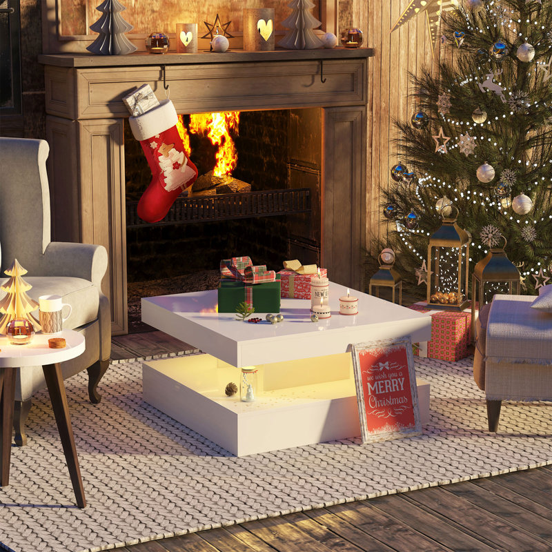 Charvez High-Gloss Coffee Table with 16 Colors LED Lights, High Gloss White, 40cm H x 78cm W x 78cm D