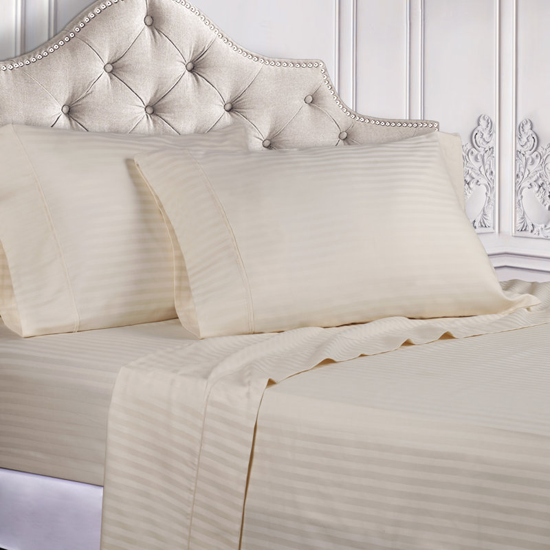 Gisla Deep Pocket 400 Thread Count Striped Egyptian-Like Cotton Sheet Set , Ivory, Split King Sheet Set with 2 Pillowcases