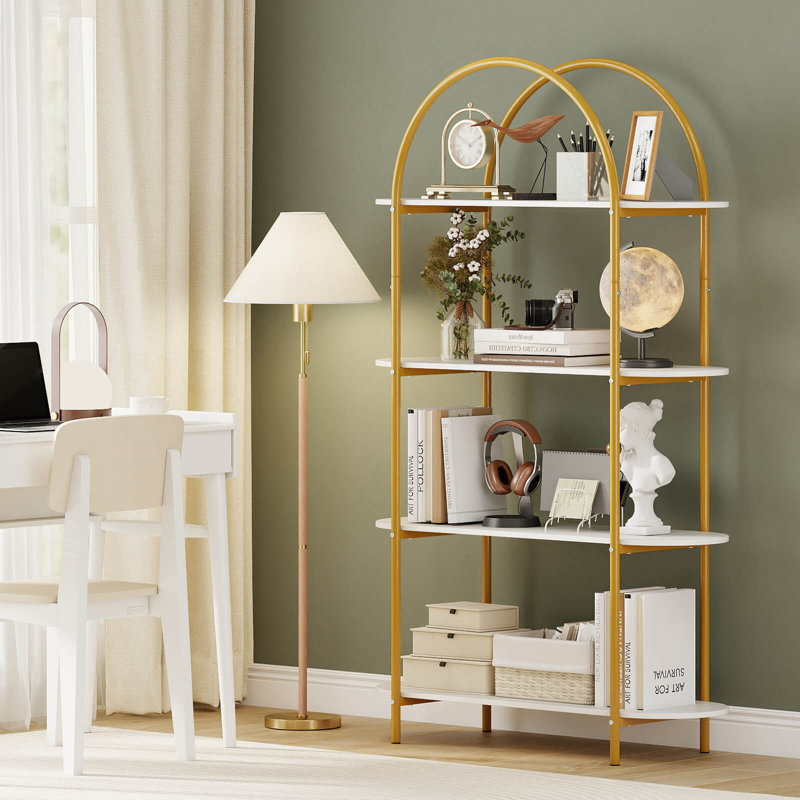 1 PCS Arched Bookshelf, 4-Tier Open Bookcase with Sturdy Metal Frame for Living Room Gold and White, 1, Gold/White