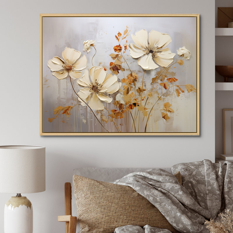 «Beige And Gold Seasonal Flowers Composition I», reproduction sur toile, H 24 po x l 32 po x P 1 po, Cadre naturel flottant