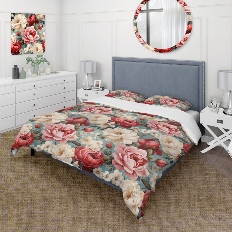 Ensemble de housse de couette à motif floral rétro rose et bleu rose, Housse de couette pour grand lit et 2 taies décor