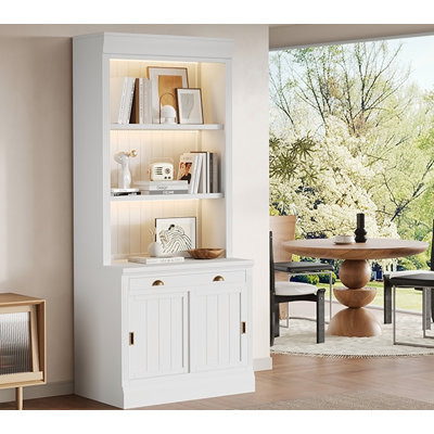 Bibliothèque de 83,4 po de hauteur avec éclairage à 3 couches DEL, bibliothèque moderne avec portes coulissantes et tablettes ouvertes, bibliothèque de rangement pour le salon, bureau à domicile, blanc