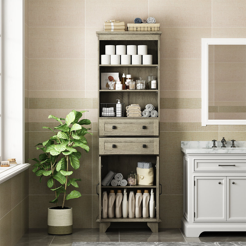 72''H Freestanding Bathroom Cabinet Wood Bathroom Storage Cabinet With 3 Adjustable Shelves & 2 Drawers, Gray