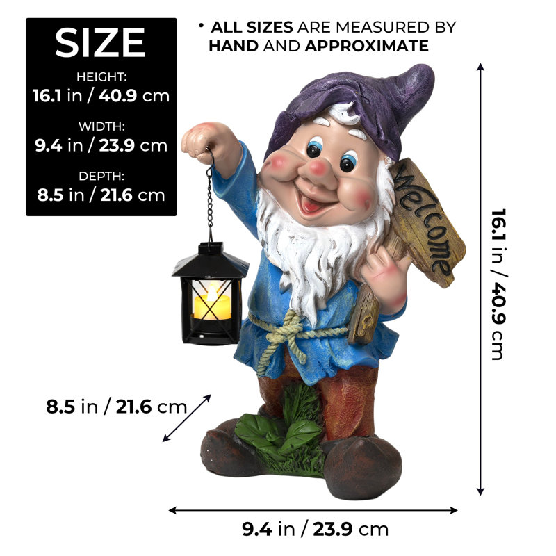 Grande lanterne gnome Welcome, statues de jardin mauve en polyrésine 16 pouces 40 cm
