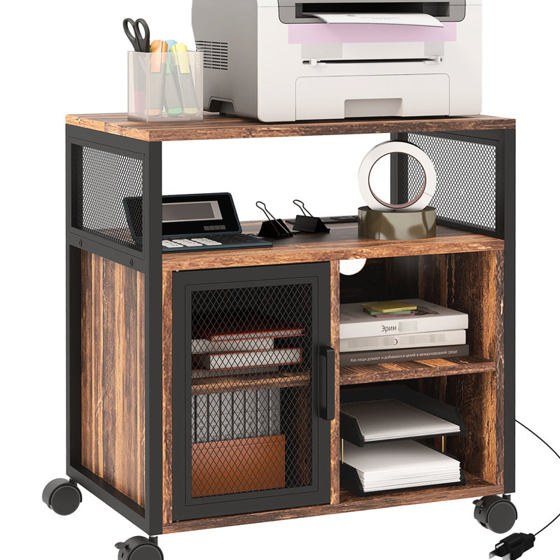 Rustic Brown Printer Cart With Ac Outlets. Organize Your Office Space. Mobile Stable Wheels. Versatile Furniture Power Ports. Charge Devices. Office. Piece