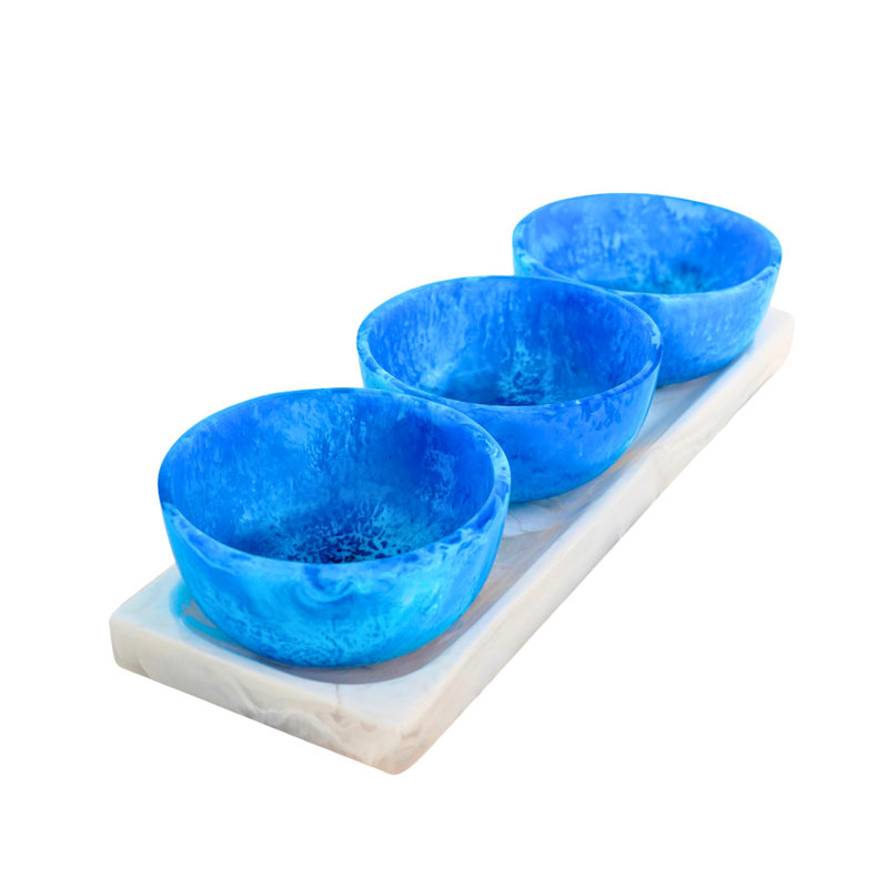 Plateau de service et bols en résine Lucente, Bleu; blanc