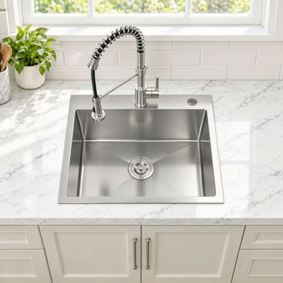 Évier de cuisine en acier inoxydable à cuve simple 23 po x 19 po, évier moderne fait à la main avec crépine et accessoires