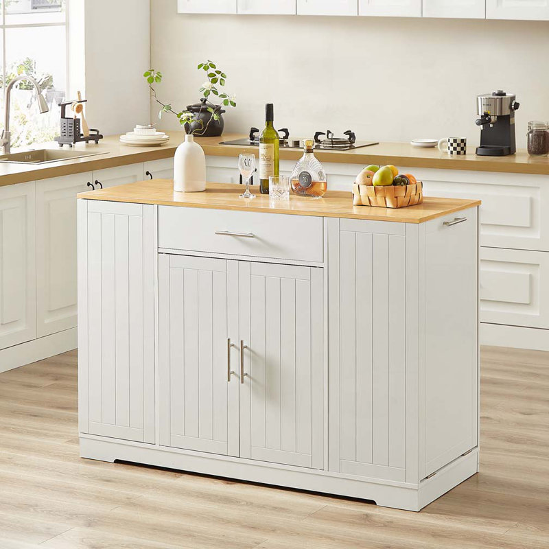 Îlot de rangement pour cuisine avec tiroirs et poubelle de 53 po, Blanc