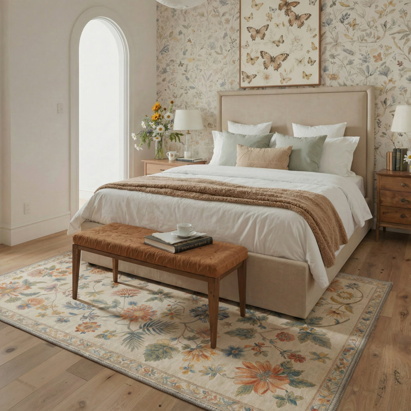 Acker Verdant Vintage Floral Machine Washable Beige / Green / Orange Indoor Area Rug with Non-Slip Backing, Rectangle 5' x 7'