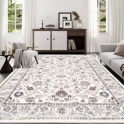 Tapis rétro 8 x 10, lavable antidérapant, patio de chambre à coucher, tapis floral kaki / beige 8 x 10, pour salle multimédia