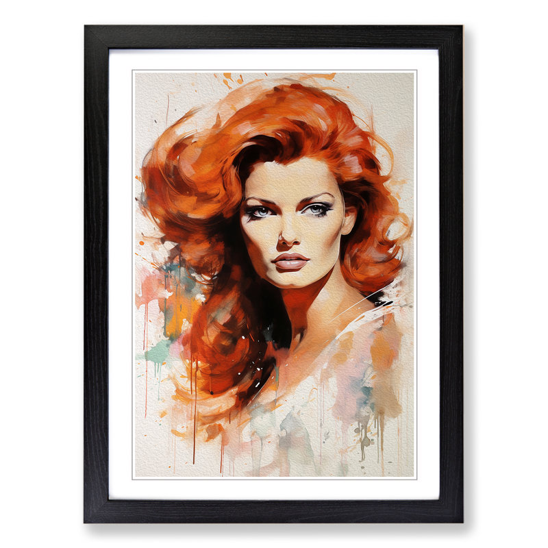 Red Headed Woman Gestural No.2 - Single Picture Frame Print on Wood, 46cm H x 34cm W x 2cm D, Black Framed