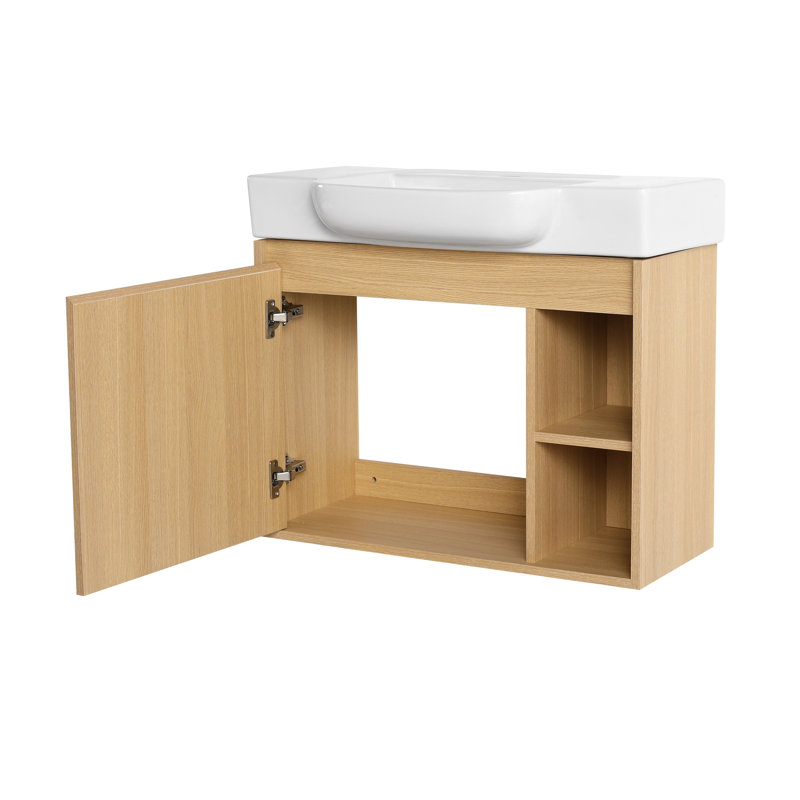 Meuble-lavabo de salle de bain avec lavabo en céramique blanc, armoire de salle de bain murale avec porte à fermeture en douceur et tablette de rangement ouverte pour les petits espaces