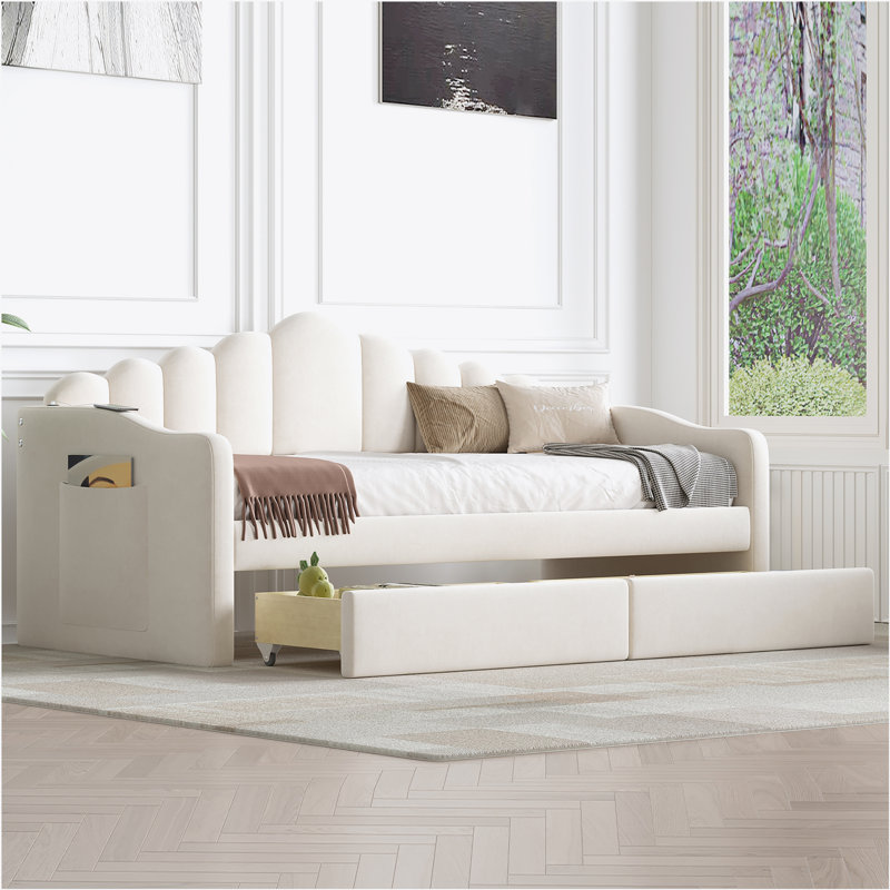 Lit de jour simple rembourré avec 2 tiroirs, canapé-lit avec ports de chargement USB, Beige