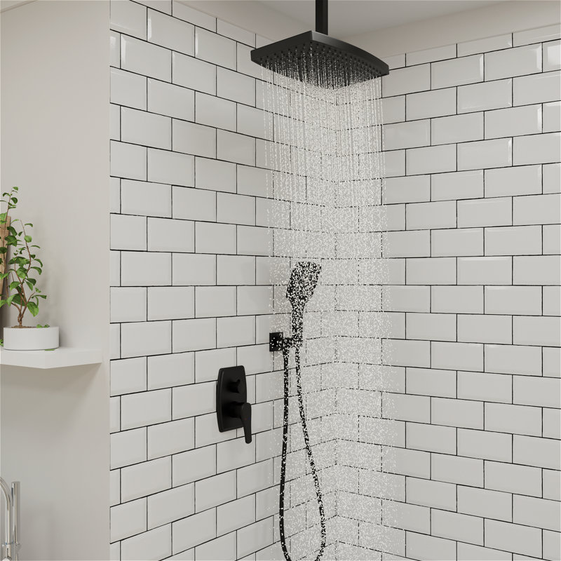 Shower Systems with 14"Rain Shower and High Pressure Handheld Spray, Celling Mount, Rough in-Valve, Matte Black