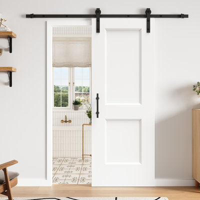 Pre-assembled Panel, 80''H Sliding Barn Door White Finish Manufacture Plank Wood Closet Pantry Door with Installation Hardware kit（Includes black round handle）