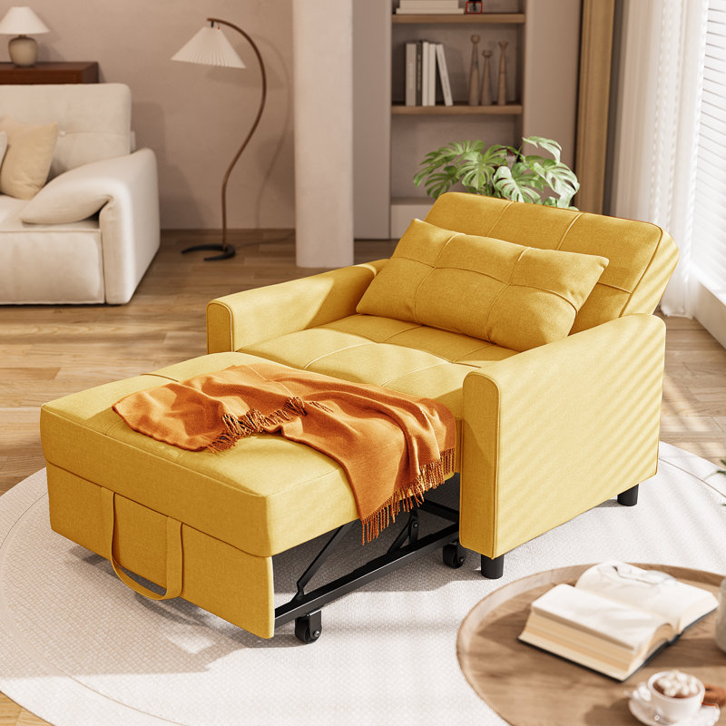 3-in-1 Convertible Accent Chair , Pull-Out Upholstered Sleeper Sofa Bed with Accent Pillow, Yellow Linen