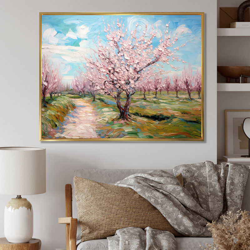 «Vangogh Blooming Cherry Trees» encadré sur toile par Vincent Van Gogh, peinture, H 30 po x l 40 po, Doré