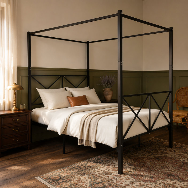 Structure de lit à baldaquin en métal robuste avec design en forme de X, lit plateforme pour matelas grand, idéal pour un sommeil confortable et une décoration intérieure