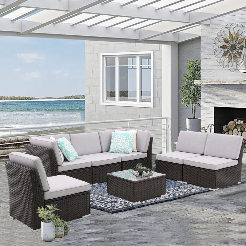 Sanae 7 Piece Sectional Seating Group with Cushions, Light Gray