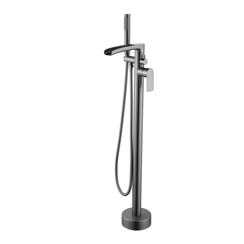 37-1/2" Solid Brass Floor Mounted Bathtub Faucet Freestanding Tub Filler with Handheld Shower, Gun Gray
