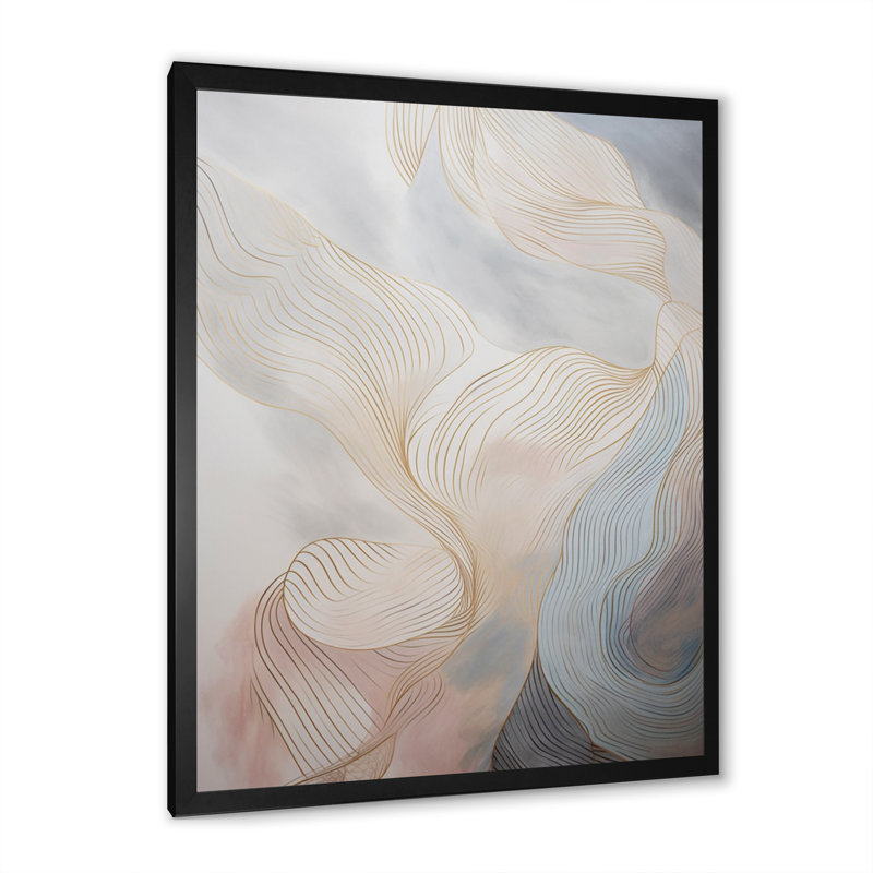 Gold And Grey Line Art In Motion II - Minimalism Line Art Canvas Prints, Black Picture Framed, 20" H x 12" W x 1" D
