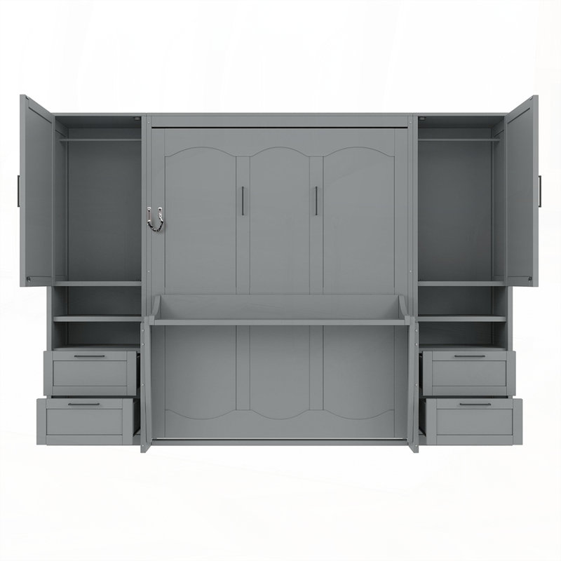 Lit escamotable escamotable avec tiroirs de garde-robe et tablettes Murphy, Gris
