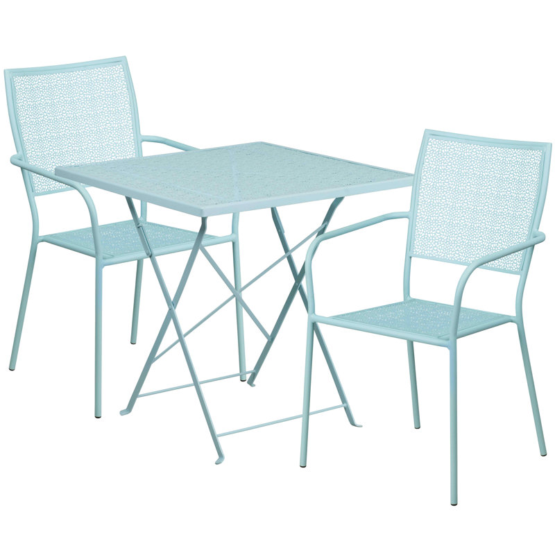 Raiden 28'' Square Indoor-Outdoor Folding Patio Table Set with 2 Square Back Chairs, Sky Blue