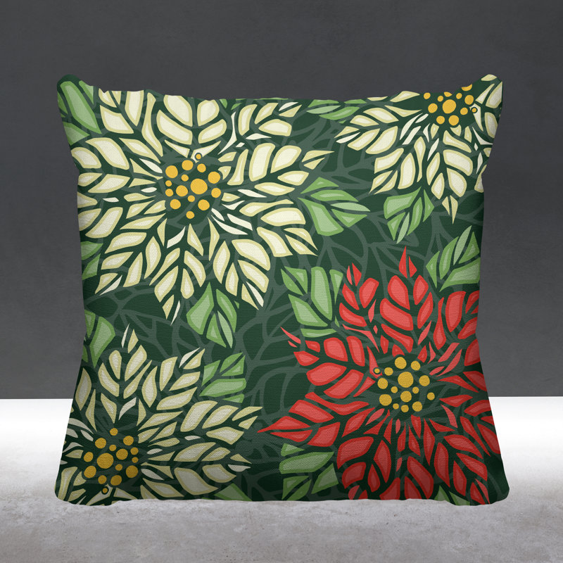 Coussin décoratif intérieur / extérieur Christmas Poinsettia, L 15 po x H 15 po, Sauge