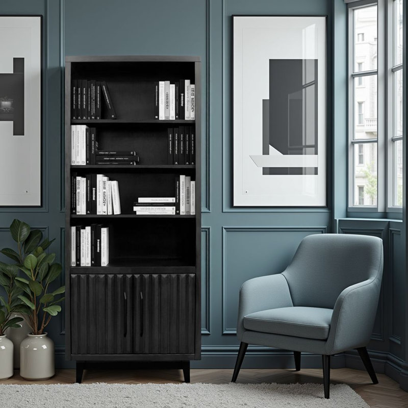 Bibliothèque standard en bois massif à 3 tablettes avec armoire de rangement Poularies, Noir