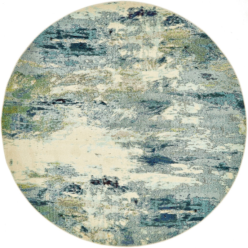 Tapis bleu clair tissé à la machine à motif abstrait Keimar, Rond 8 pi