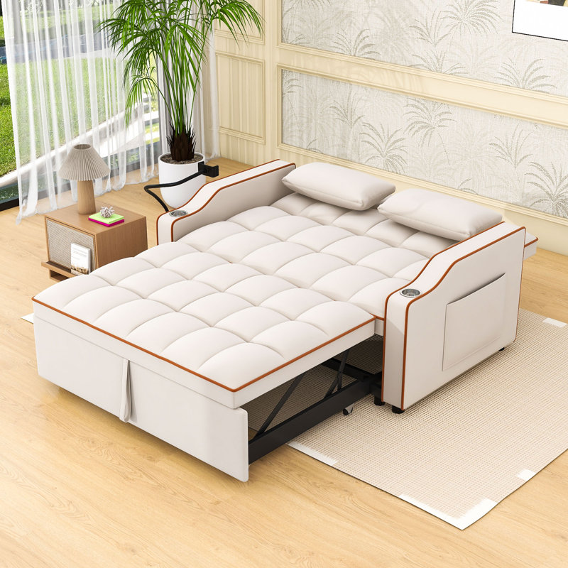 Florencia Versatile Adjustable Futon Sofa Bed with USB Charging Ports, 2 Pillows and Phone Stand, Beige