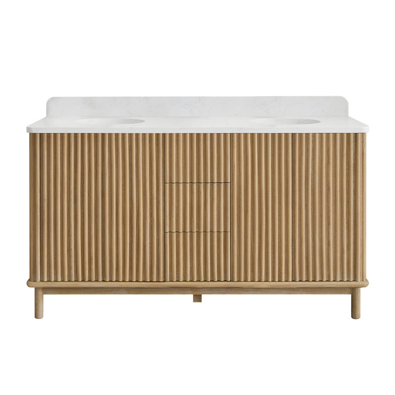 Meuble-lavabo double 60 po en gris cendré délavé avec plateau en pierre composite Séoul