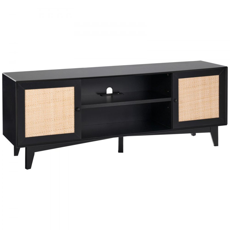 Rattan TV Stand for 75in TV, Boho TV Stand with Rattan Door, Entertainment Center with Build-in Socket, Storage Cabinet with 2 Shelves, Modern TV Console for Living Room, Media Room