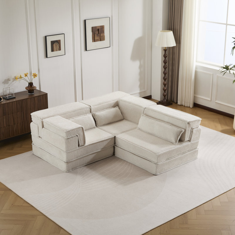 Canapé à compression Mahjong, canapé-lit convertible au sol, canapé modulaire modulaire désossé DIY, aucun assemblage requis, tissu polaire circulaire, surdimensionné à 3 places avec 3 coussins, blanc