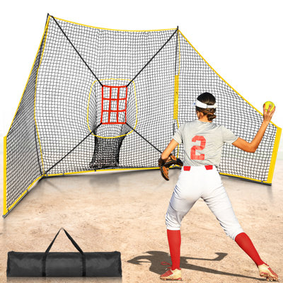 Durable Baseball & Softball Practice Net With Barriers,12 X7 Ft Training Net With Strike Zone Target,Large Ball Collection System,Barrier Side Nets For Batting,Hitting,Pitching,Throwing Solo Practice