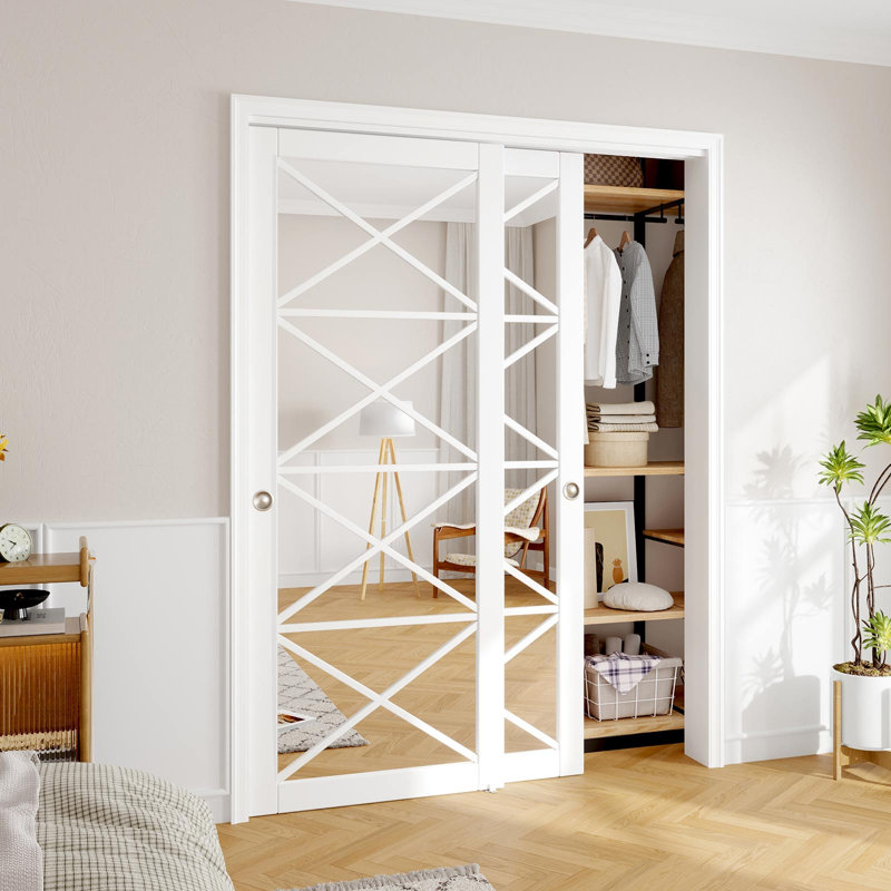 Porte de placard coulissante Farmhouse avec miroir en verre trempé, 60 po x 81 po