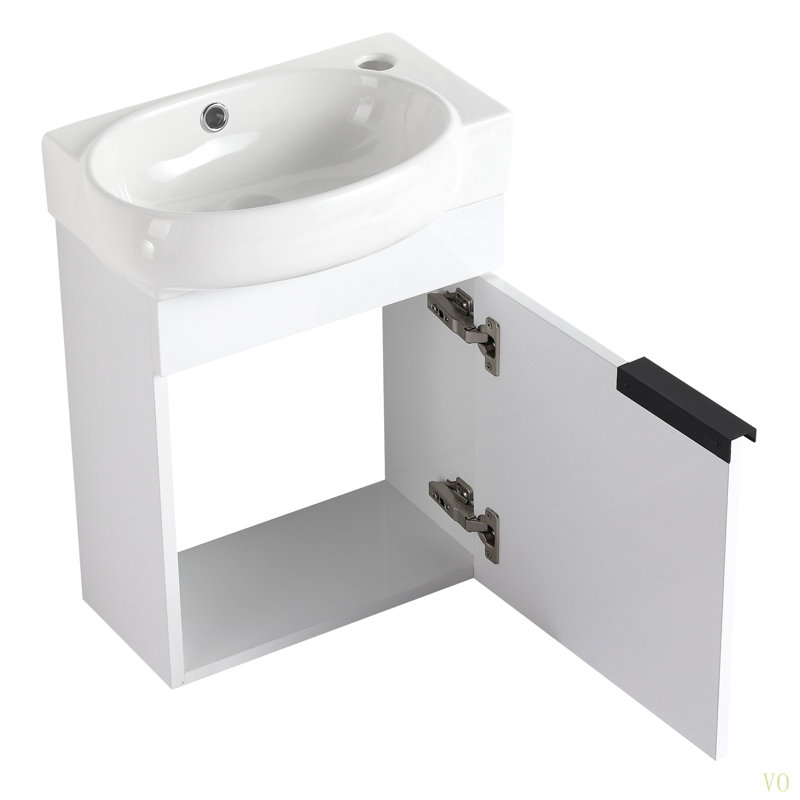 Meuble-lavabo à fermeture en douceur avec lavabo et support de rangement, 16 po pour petite salle de bain, Blanc brillant
