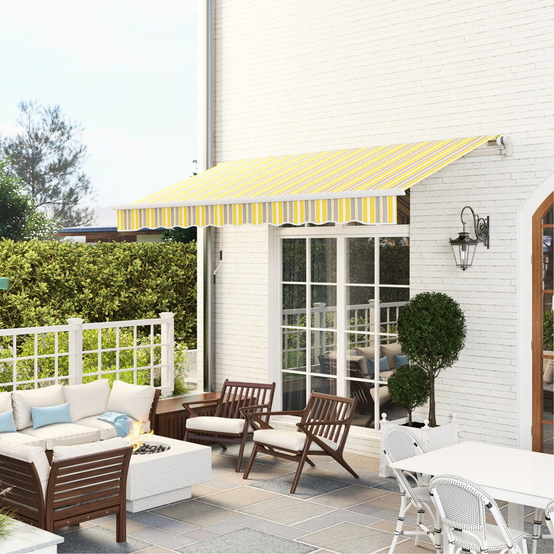 Auvent rétractable 12 pi x 10 pi pour patio. Manivelle manuelle. Et eau - tissu. Cadre en aluminium. Terrasse, balcon, cour. Jaune jaune gris avec tissu, aluminium Pont de terrasse