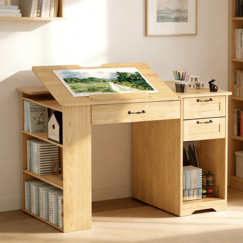 Bureau à dessin de 47,2 po, poste de travail et table à dessin avec planche à dessin inclinable, table à dessin avec plateau coulissant et tiroirs pour le bureau personnel, la chambre à coucher et le studio d'artiste