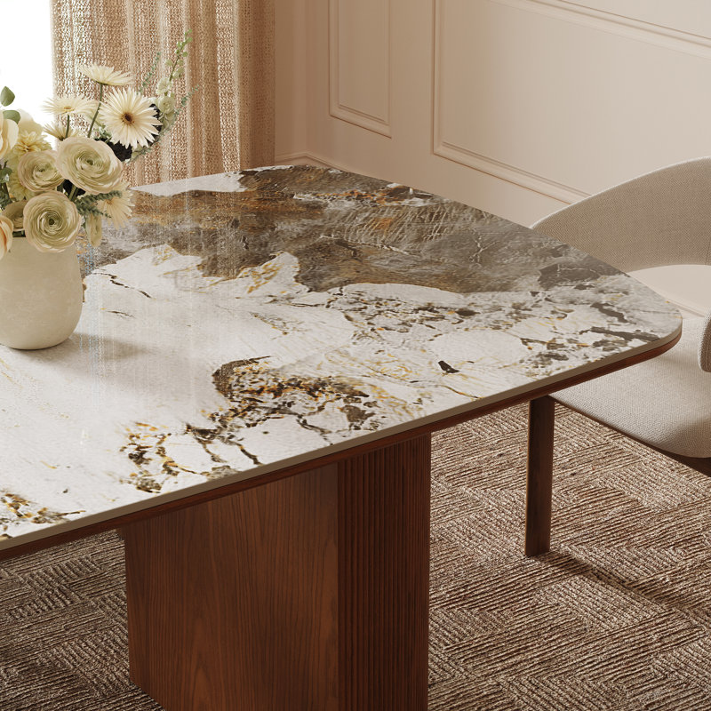  Iris Sintered Stone 78.7'' Solid Wood Pedestal Oval Dining Table Seat 6-8, Glossy Pandora/Brown, Rectangular