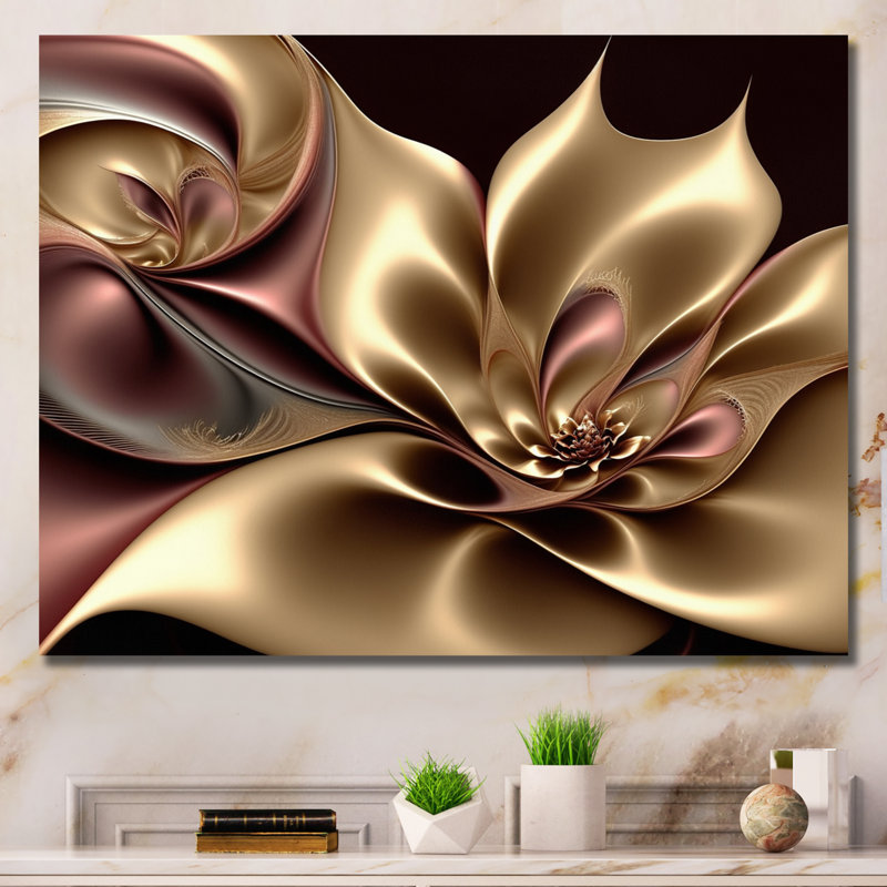 Fleur de fractale en or rétro et rose I - impression, H 16 po x l 32 po, Cadre flottant noir