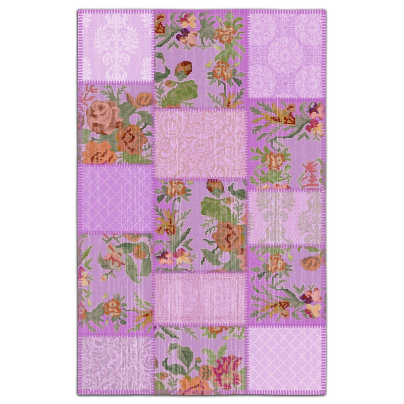 Tapis lilas Karabagh et aspect patchwork lavable à la machine, Sous-tapis rectangulaire 5 pi 1 po x 7 pi 7 po inc