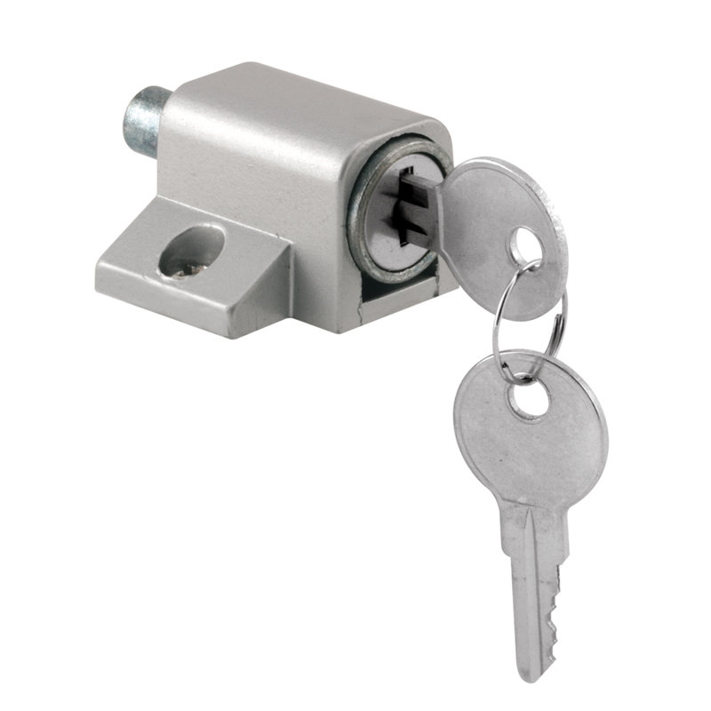 Push-In Sliding Door Keyed Lock, 1-3/4 In., Diecast And Steel Components, Aluminum Painted Finish