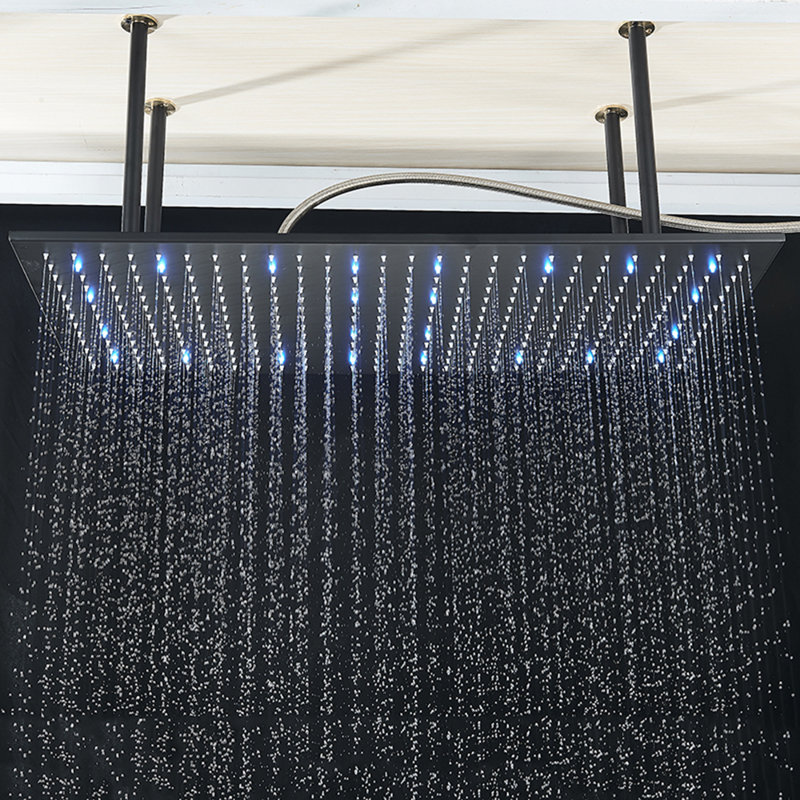 Pomme de douche à DEL rectangulaire de luxe avec grand plafond, pomme de douche à pluie haute pression 16 x 32 pouces avec buses en silicone, pomme de douche fixe pour salle de bain moderne, finition noire
