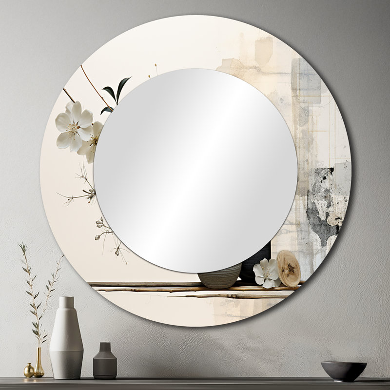 Asian Art Sumie Zen II - Asian Art Mirror, White Round Unique Wall Mirror, Printed Metal Art, 36" x 36"